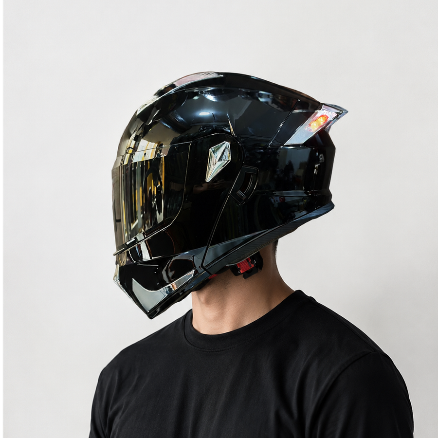 CASCO NEGRO MATE PLATA CON LUZ