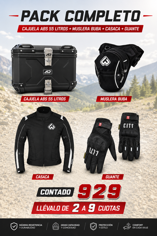 CAJUELA ABS 55 LITROS+MUSLERA BUBA+CASACA+GUANTE
