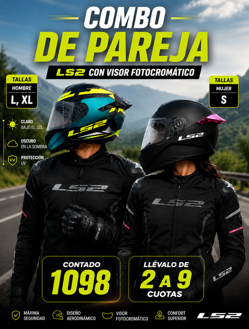 COMBO DE PAREJA CASCO LS2 FF802 NEGRO MATE FOTOCROMATICO