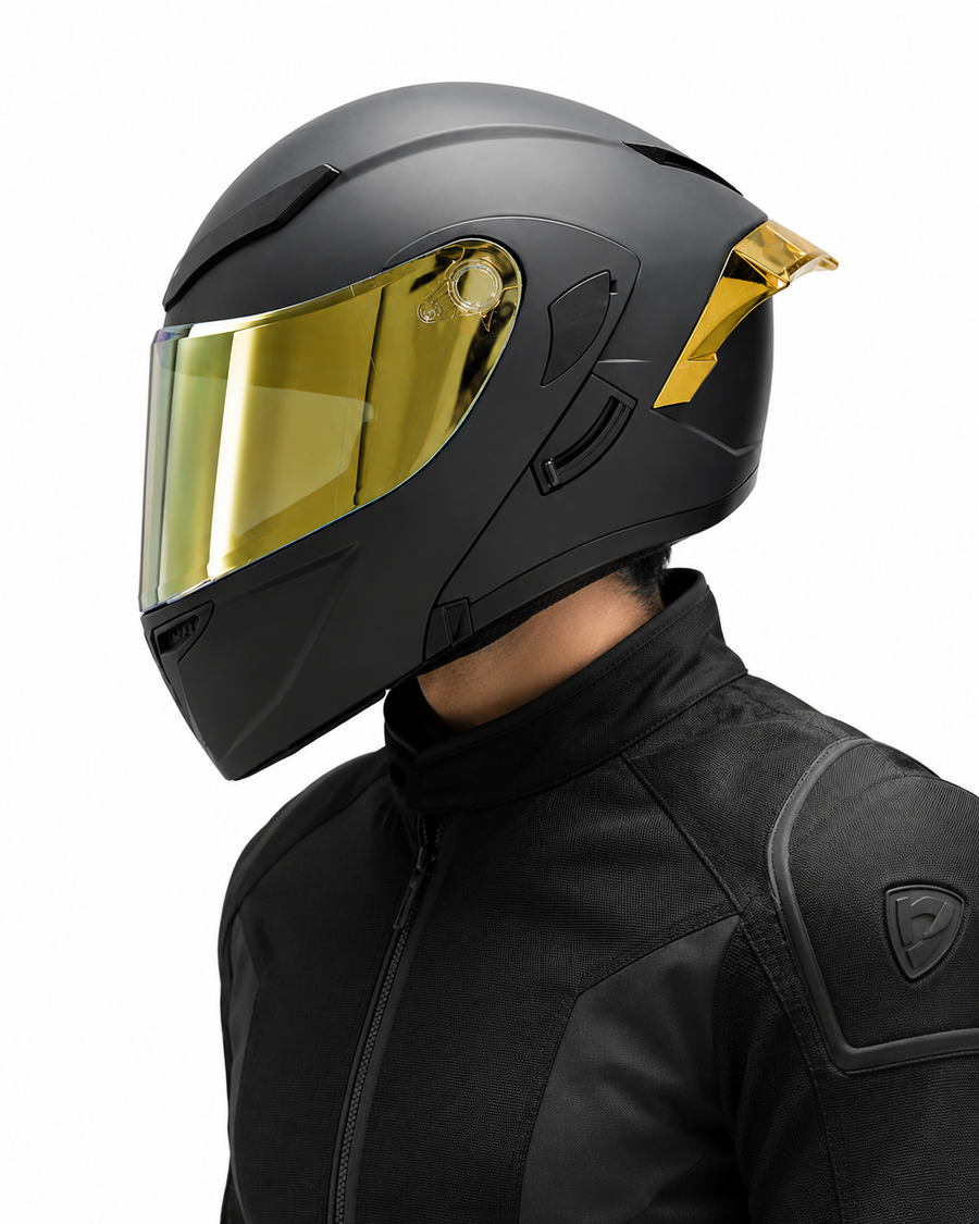 CASCO NEGRO MATE ABATIBLE XT902 dorado