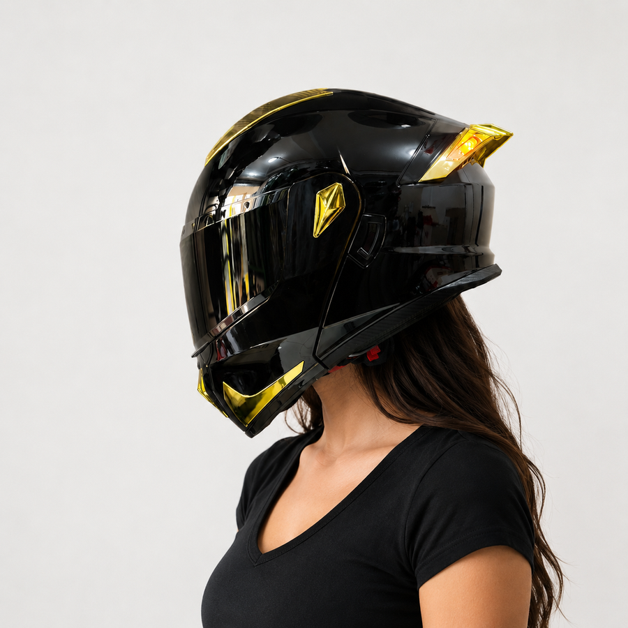 CASCO NEGRO BRILLO DORADO CON LUZ