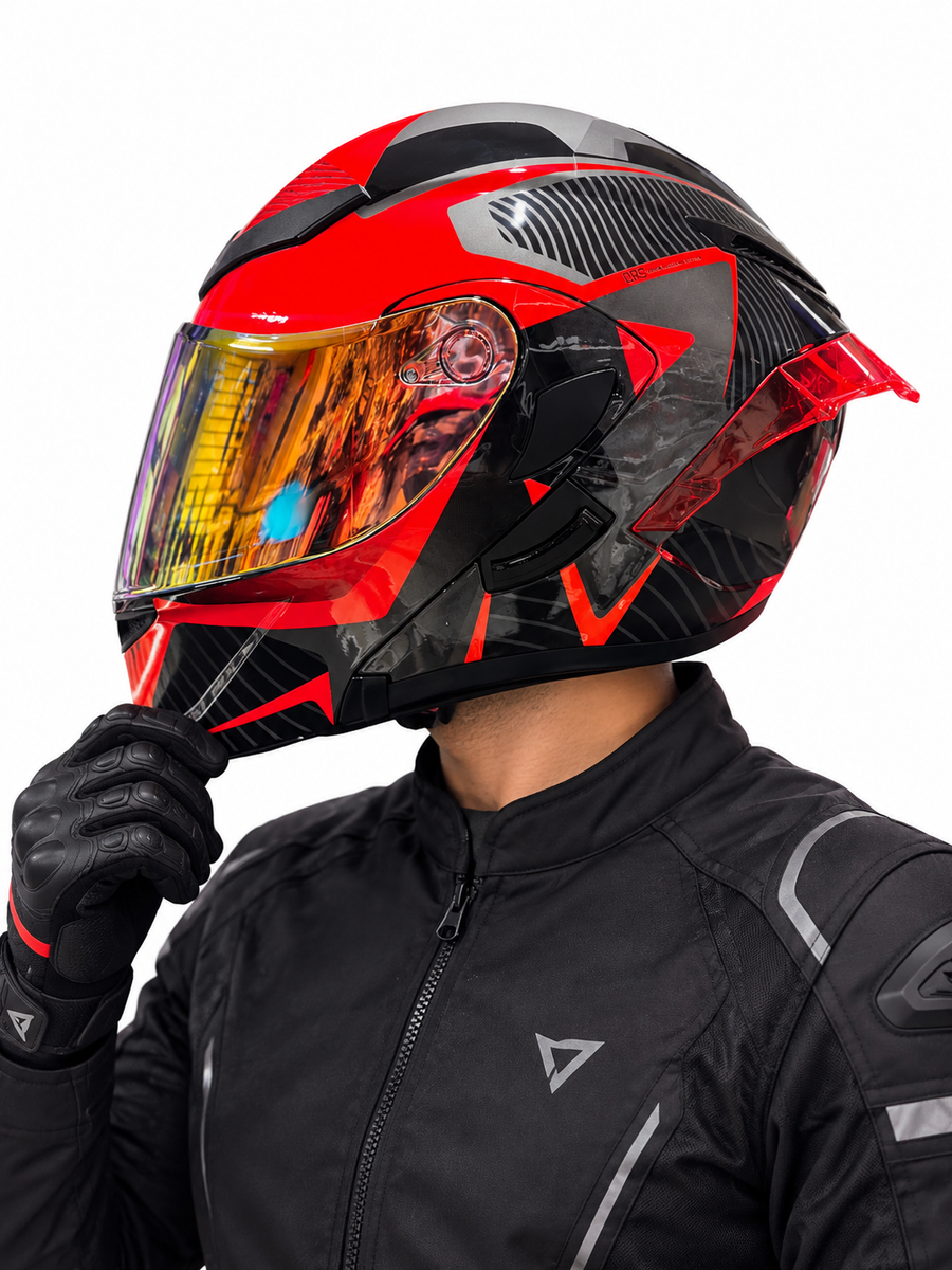 CASCO FUSE NEGRO ROJO BRILLO ABATIBLE XT902