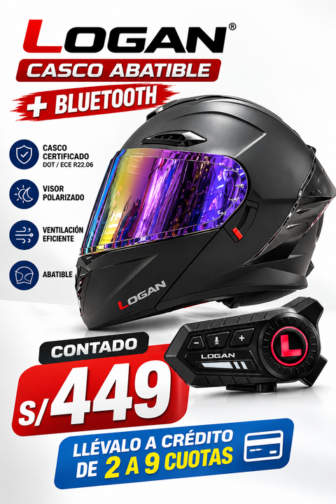 CASCO LOGAN NEGRO MORADO ABATIBLE CON LUZ+BLUETOOTH