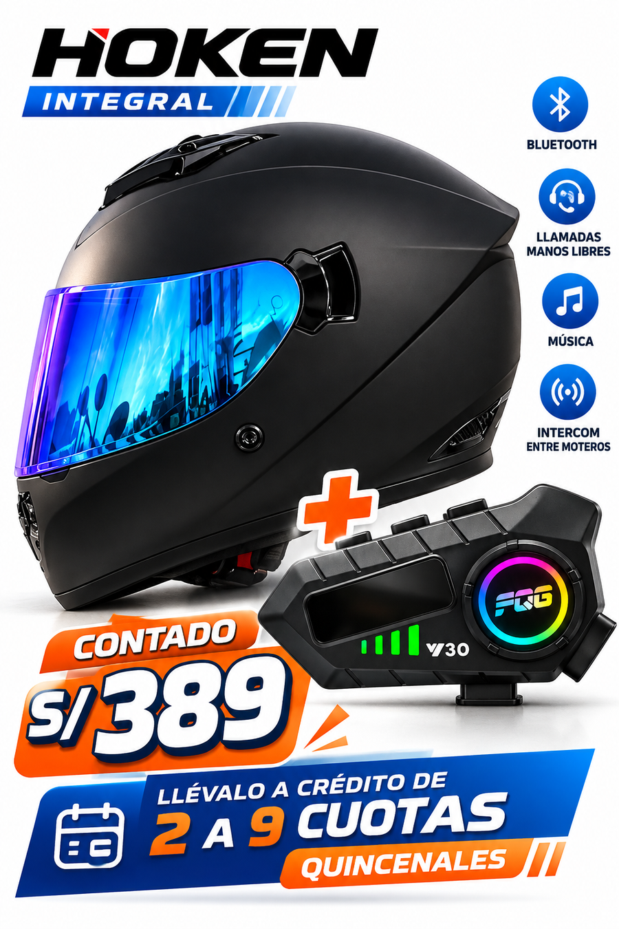 CASCO INTEGRAL HK2 NEGRO/ AZUL+BLUETOOTH