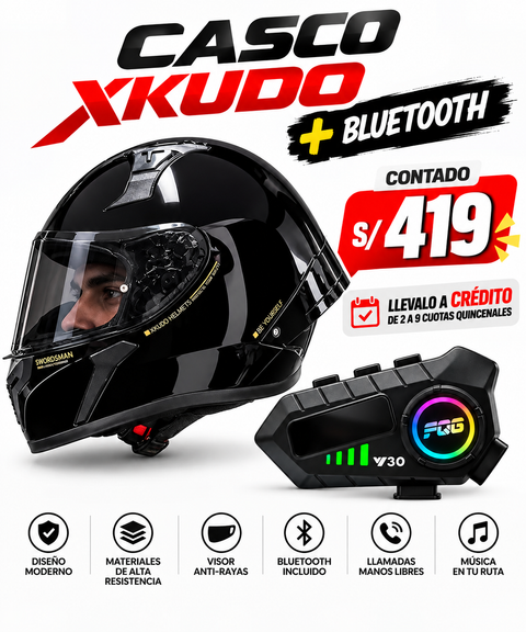 CASCO XKUDO 357 INTEGRAL NEGRO BRILLO+BLUETOOTH