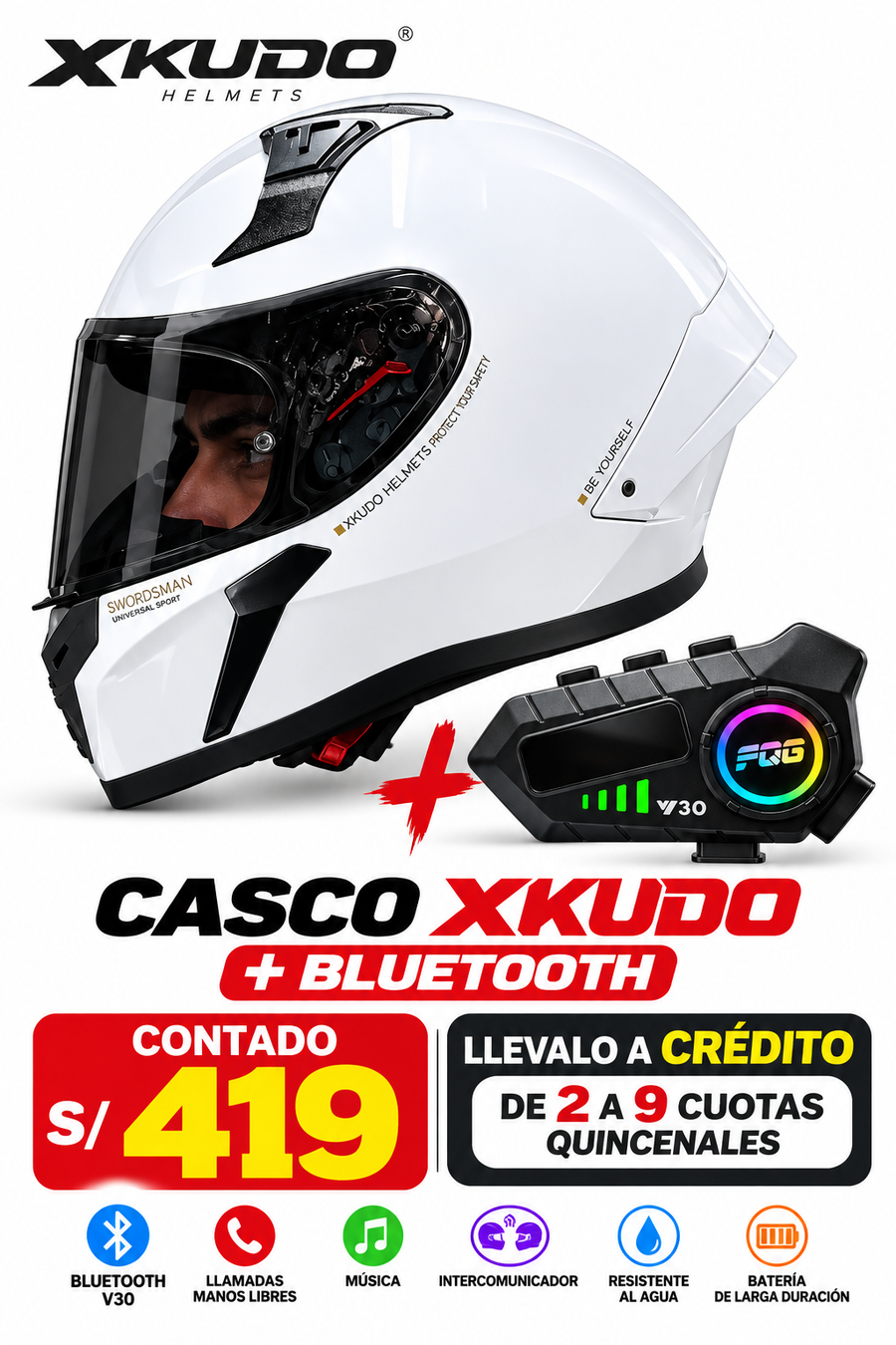 CASCO XKUDO 357 INTEGRAL BLANCO BRILLO+BLUETOOTH