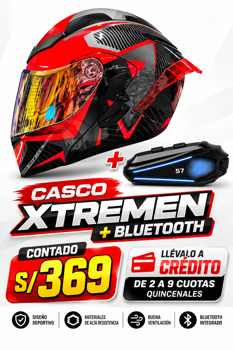 CASCO FUSE NEGRO ROJO BRILLO ABATIBLE XT902+BLUETOOTH