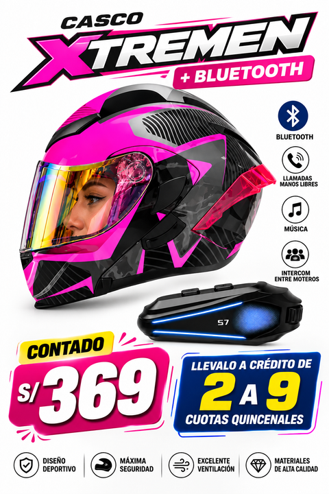 CASCO FUSE NEGRO ROSA BRILLO ABATIBLE XT902+BLUETOOTH
