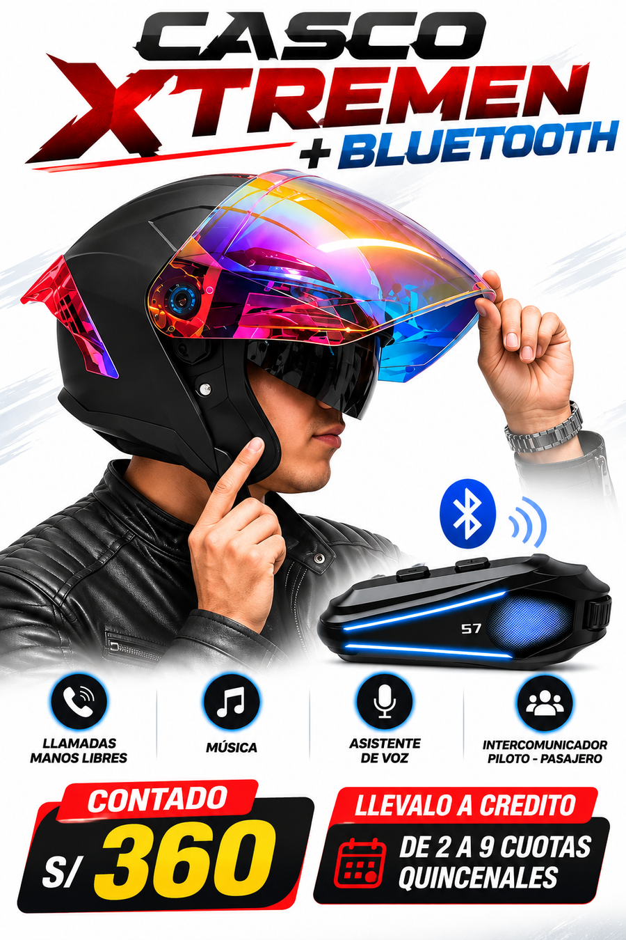 CASCO KT817 OPEN FACE NEGRO MATE ROJO+BLUETOOTH
