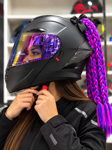 CASCO LOGAN NEGRO MORADO ABATIBLE CON LUZ+TRENZA
