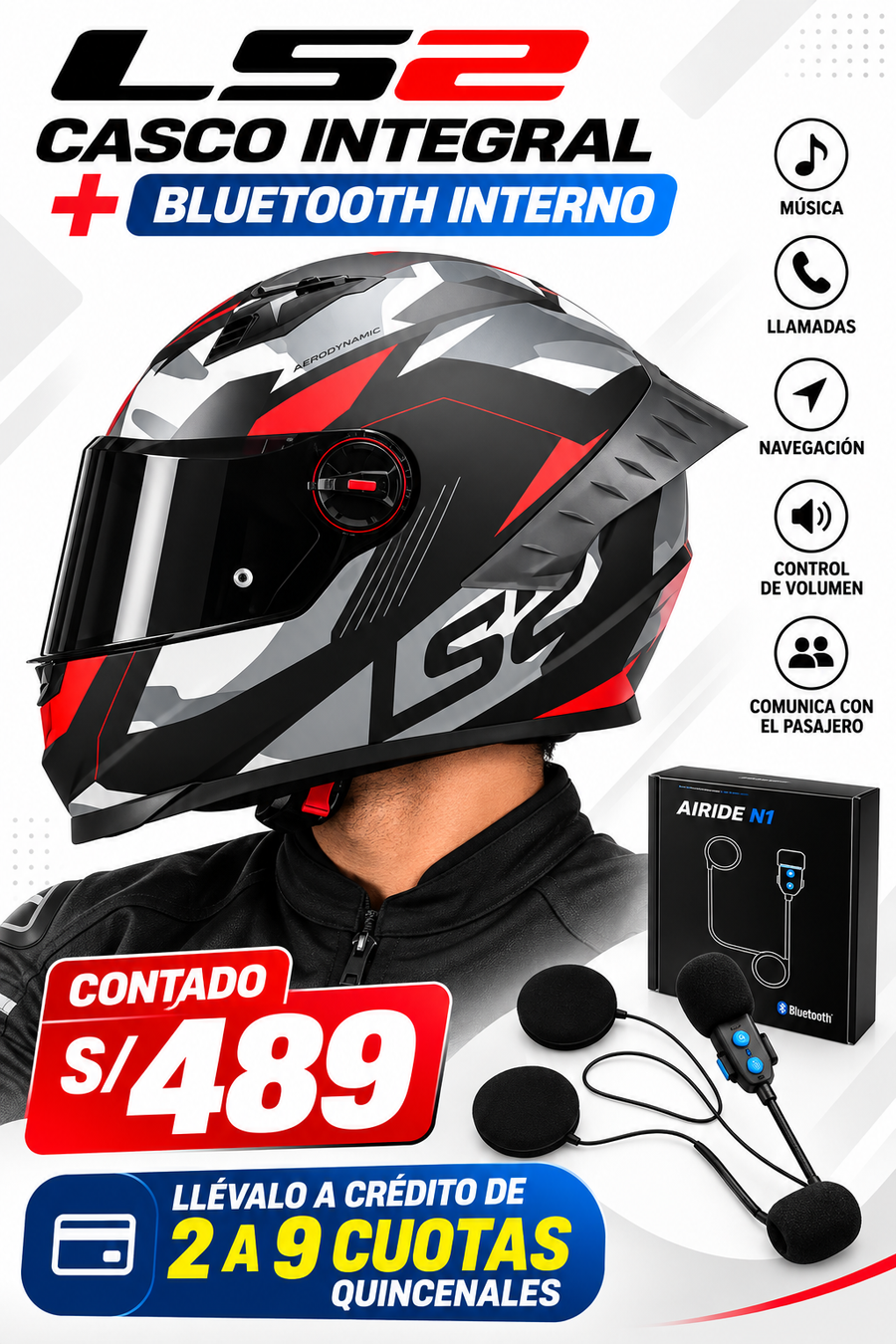 CASCO COSMOS TANK NEGRO MATE ROJO+BLUETOOTH
